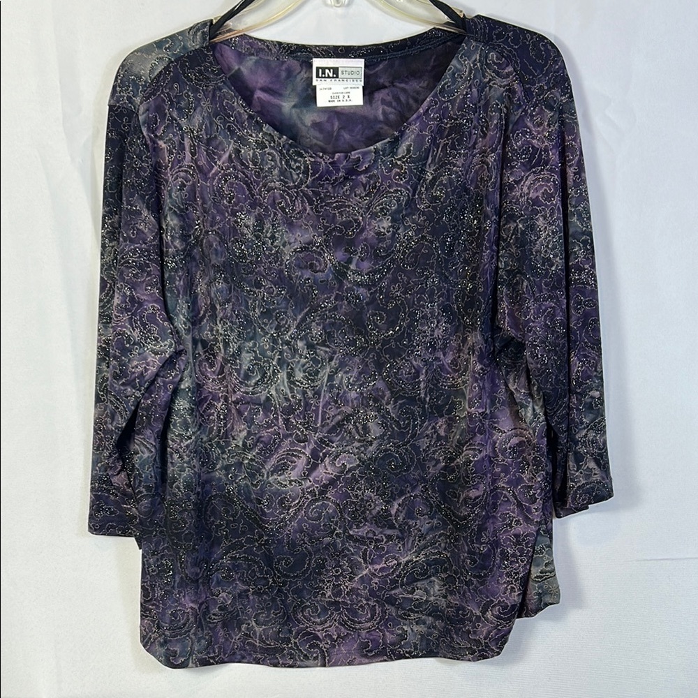 I.N. Studio Purple And Black 3/4 Sleeve Stretchy Glitter Blouse Size 2x Like New